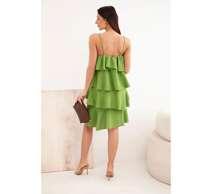 Dámske mini šaty bez ramienok s volánikmi olivové