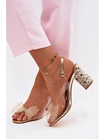 Sandály na podpatku s krystaly síťová mašle D&A MR61-9010 Zlaté
