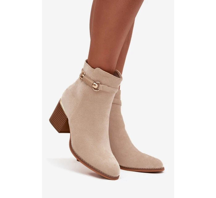 Botki Damskie Ocieplane Na Słupku Z Ozdobnym Paskiem Beżowe Galissa Botki Damskie Ocieplane Na Słupku Z Ozdobnym Paskiem Beżowe Galissa