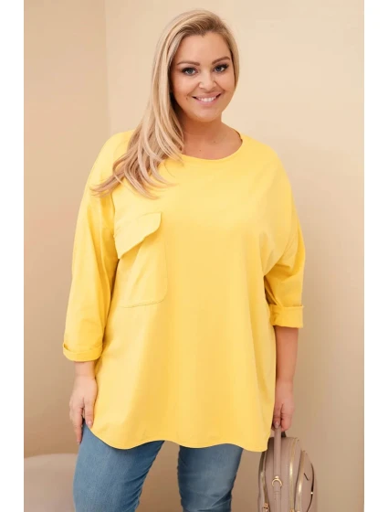 Dámská blůza Plus Size s bavlnou, kapsou a ohrnovacími rukávy žlutá