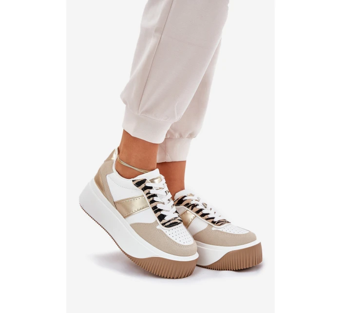 Sneakersy Damskie Na Masywnej Platformie Zwierzęcy Wzór Beżowo-Złote Telanila