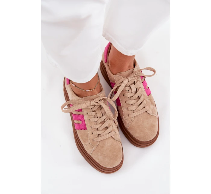 Sneakersy Damskie Na Platformie Z Naturalnego Zamszu Beżowo-Różowe Eldira