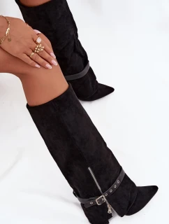 Dámske čižmy nad kolená s ozdobným remienkom Jolivine - čierne