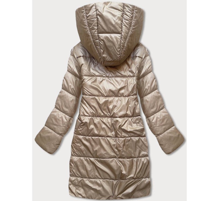 Béžovo-biela preložená obálková dámska bunda s kapucňou (R8040)