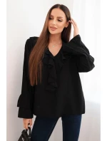 Dámská blůza z viskózy s volány a dlouhým rukávem černá