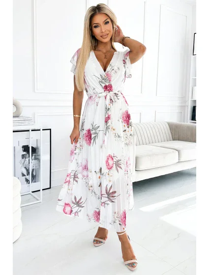 Plisované dámské midi šaty s výstřihem, volánky a se vzorem květů na pozadí model 18454596 - numoco basic Plisované dámské midi šaty s výstřihem, volánky a se vzorem květů na pozadí model 18454596 - numoco basic