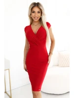 379-5 BOYKA Priliehavé šaty s obálkovým výstrihom - ČERVENÉ s trblietkami
