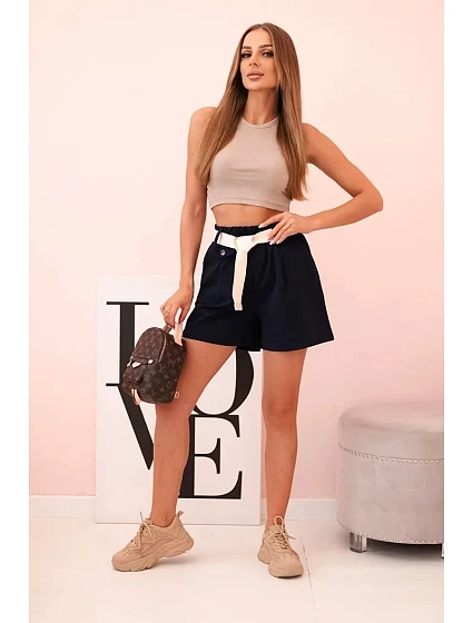 Dámské šortky s vysokým pasem a páskem tmavě modré