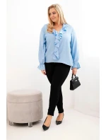 Plus veľkosť dámske viskózové blúzka s volánom a ozdobné brošne modrá