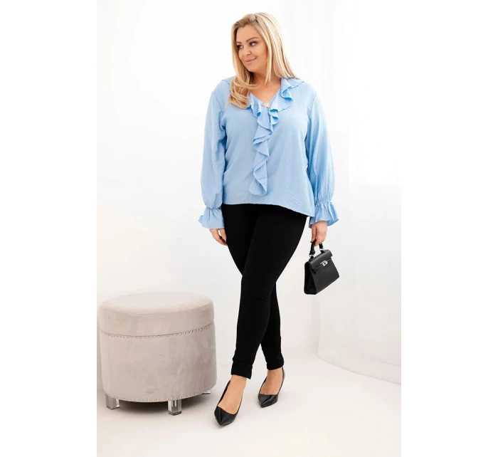 Plus veľkosť dámske viskózové blúzka s volánom a ozdobné brošne modrá