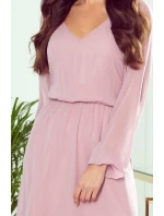 Dámske šifónové midi šaty vo špinavo ružovej farbe s výstrihom a volánikom 304-1 Dámske šifónové midi šaty vo špinavo ružovej farbe s výstrihom a volánikom 304-1