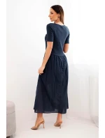 Dámske bavlnené midi šaty s krátkymi rukávmi a rozšíreným spodným dielom tmavomodré