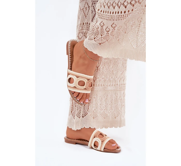 Szydełkowe Klapki Damskie Na Płaskim Obcasie Beżowe Nirina