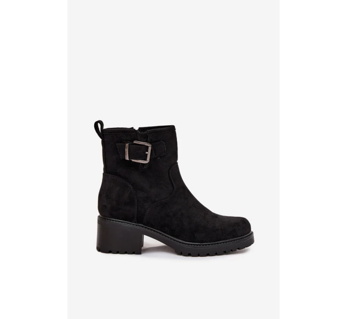 Ocieplane Botki Damskie Na Niskim Obcasie Klocku Z Klamrą Czarne  Helvina