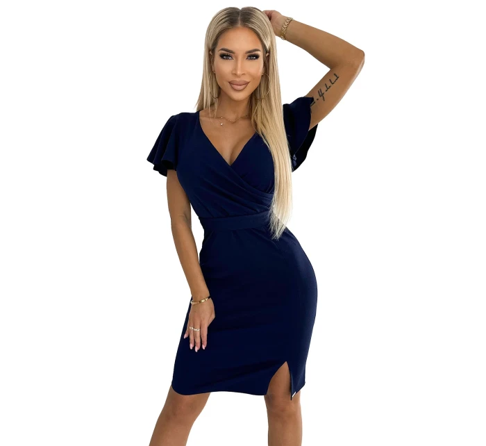 479-2 Šaty NINA s obálkovým výstrihom, rukávmi a opaskom - ZELENÉ