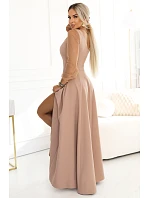 640-4 LORETTA jedinečné dlhé šaty s tylovými rukávmi a výstrihom - béžové 640-4 LORETTA jedinečné dlhé šaty s tylovými rukávmi a výstrihom - béžové
