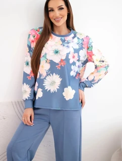 Dámska súprava z maslovej viskózy s kvetinovým vzorom a širokými džínsami