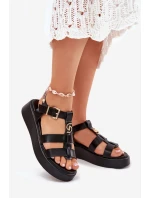 Sandały Damskie Na Platformie Ze Złotym Detalem Czarne Fevire