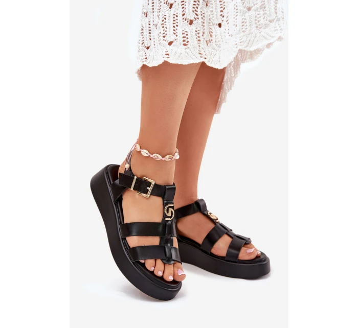 Sandały Damskie Na Platformie Ze Złotym Detalem Czarne Fevire
