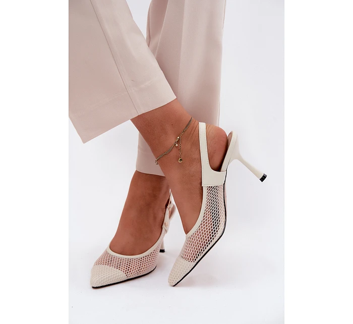 Kožené Síťované Sandály Lodičky Dámské Na Podpatku model 22123156 Světle Béžové - Maciejka
