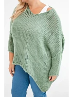 Dámský oversized model 22293714 svetr s výstřihem do V a delším zadním dílem khaki - K-Fashion
