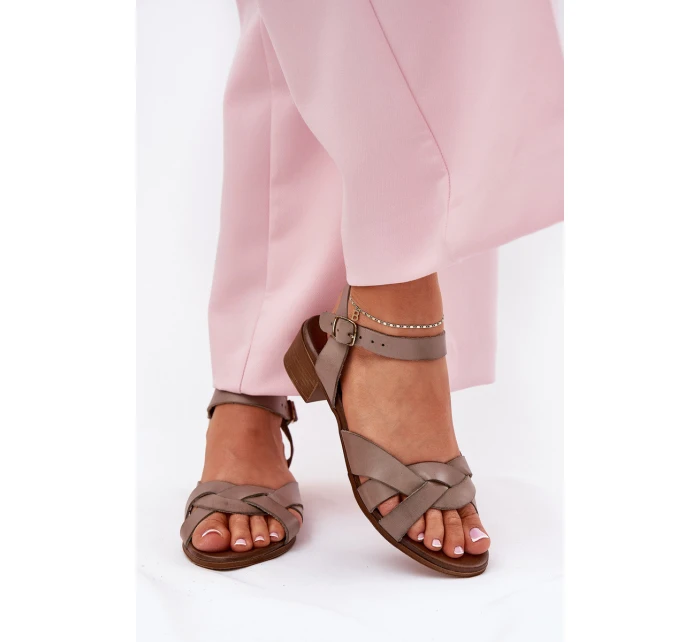 Skórzane Sandały Na Delikatnym Obcasie Zazoo 40372 Ciemnobeżowe