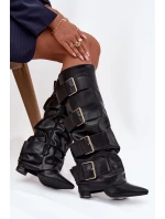 Kozaki Damskie Na Słupku Z Wywiniętą Cholewką I Złotymi Klamrami Czarne Isavelle Kozaki Damskie Na Słupku Z Wywiniętą Cholewką I Złotymi Klamrami Czarne Isavelle