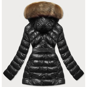 Čierno-béžová lesklá zimná bunda s machovitou kožušinou (W674)