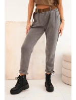 Dámske tmavosivé nohavice so šnúrou a opaskom
