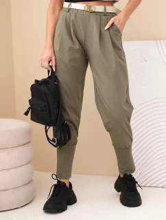 Dámske bavlnené nohavice s vysokým pásom a khaki opaskom