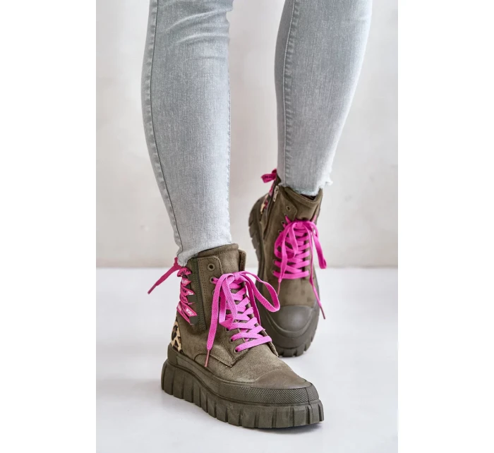 Dámske členkové topánky na platforme s ozdobným čipkovaným leopardím vzorom zelené Edidda Dámske členkové topánky na platforme s ozdobným čipkovaným leopardím vzorom zelené Edidda