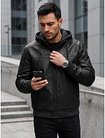 Pánska kožená zateplená bunda s kapucňou, čierna, FashionStreet TX5141