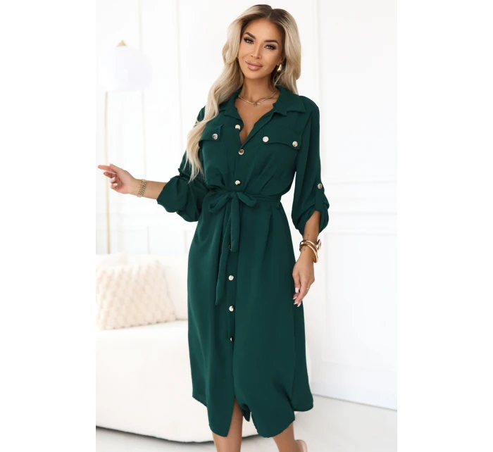 model 21402432 Midi košilka se zlatými knoflíky a vázáním zelená - numoco basic model 21402432 Midi košilka se zlatými knoflíky a vázáním zelená - numoco basic