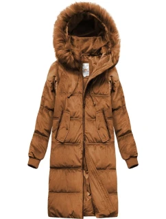 Dámska zimná manšestrová bunda v karamelovej farbe s kapucňou (7763)