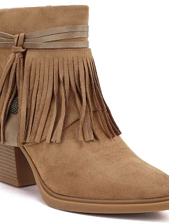 Dámske kovbojské členkové topánky so strapcami, zateplené, farba camel, M. Daszyński