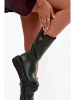 model 21772344 Kožené dámské kozačky s vlnou olivové - Zazoo