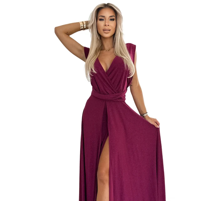 Elegantní dlouhé dámské šaty ve vínové bordó barvě s brokátem a se zavazováním model 20173914 - numoco