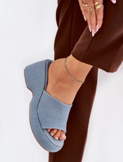 Materiałowe Klapki Damskie Na Platformie I Koturnie Jeansowe Afisal