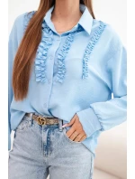 Dámská viskózová košile s dlouhým rukávem a volánky modrá