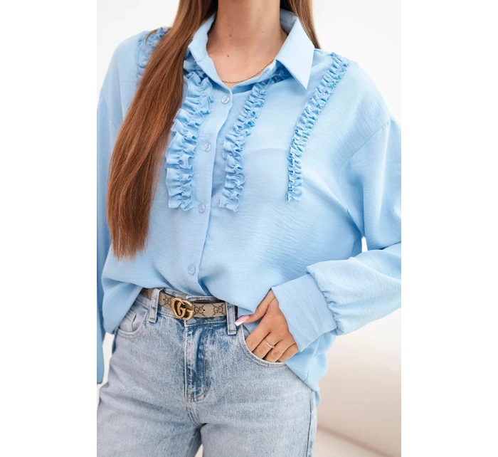 Dámská viskózová košile s dlouhým rukávem a volánky modrá