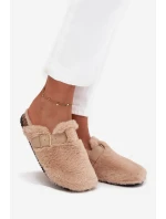 Futrzane Klapki Damskie Na Platformie Z Paskiem I Klamrą Beżowe Noraline