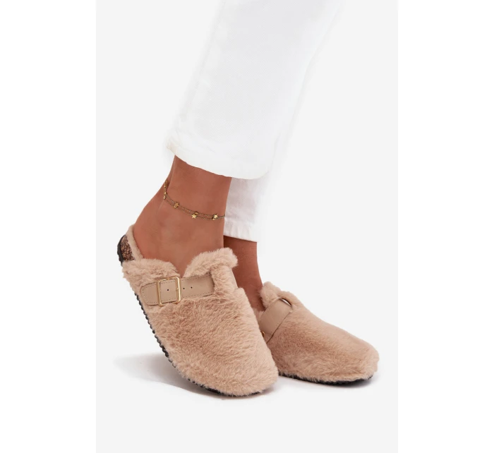 Futrzane Klapki Damskie Na Platformie Z Paskiem I Klamrą Beżowe Noraline