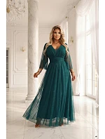 Dlouhé lesklé plus size šaty s výstřihem a rukávy lahvově zelené model 21808977 - numoco basic