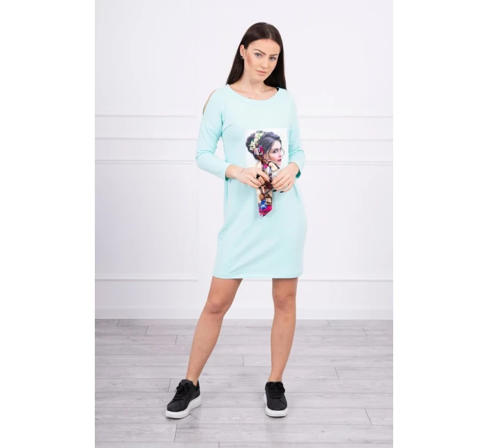 Šaty s grafikou a farebnou 3D mašľou mincovníka