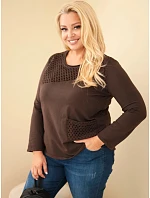 Dámská bavlněná mikina Plus Size s průstřihy a kapsou hnědá