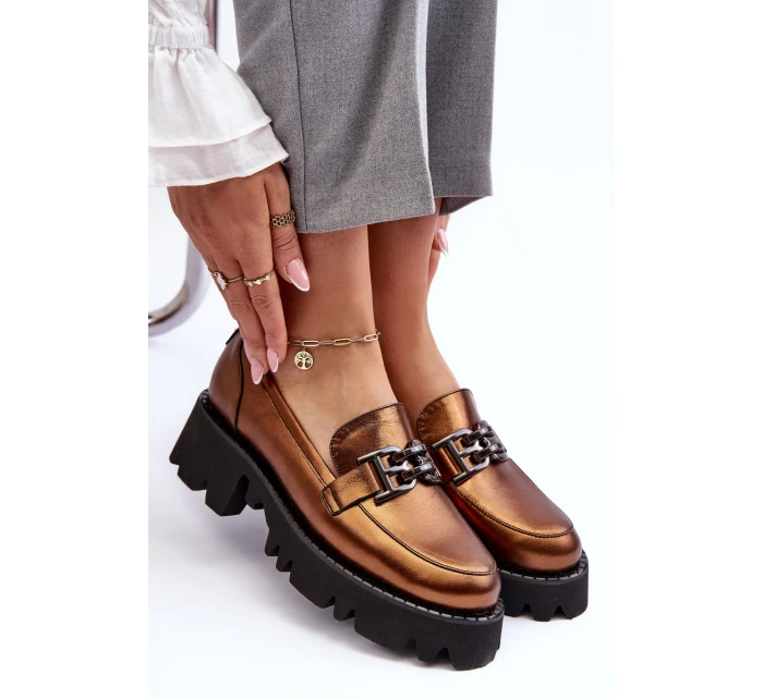 Damskie Skórzane Półbuty Loafersy Z Ozdobą Laura Messi 2699 Złote