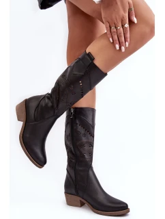 Skórzane Kozaki Z Ażurowym Wzorem Czarne Sierra