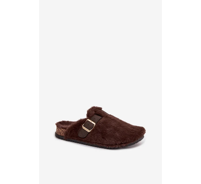 Futrzane Klapki Damskie Na Platformie Z Paskiem I Klamrą Brązowe Noraline