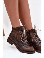 Dámské kotníkové boty z pravé kůže na ploché podrážce model 21713963 hnědé - Maciejka