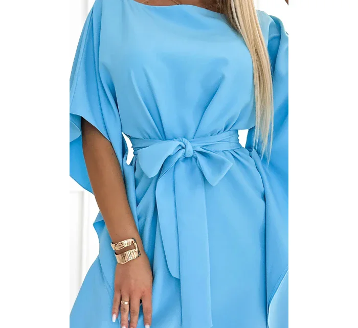 287-26 SOFIA Motýlie šaty so zaväzovaním v páse - MODRÉ
